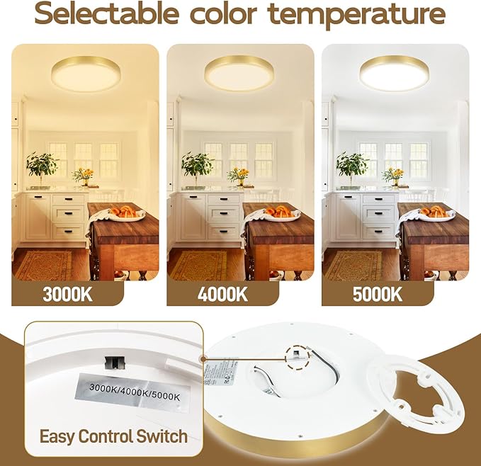 Hlite Dimmable 2pack 9 inch Flush Mount LED Ceiling Light Fixture,18W 1800LM Super Slim 3000K/4000K/5000K 3CCT Selectable,Dimmable Flush Mount Ceiling Light for Kitchen,Bedroom (Gold)