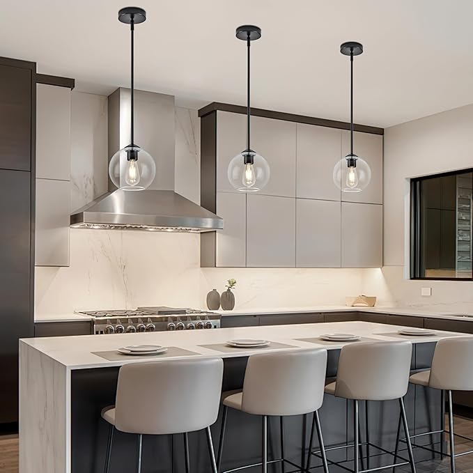 7 Inch Matte Black 2-Pack Modern Pendant Lights Kitchen Island Mid Century Modern Pendant Light Fixtures with Clear Glass Globe Modern Hanging Pendant Light for Bathroom Foyer （Bulb Incl）