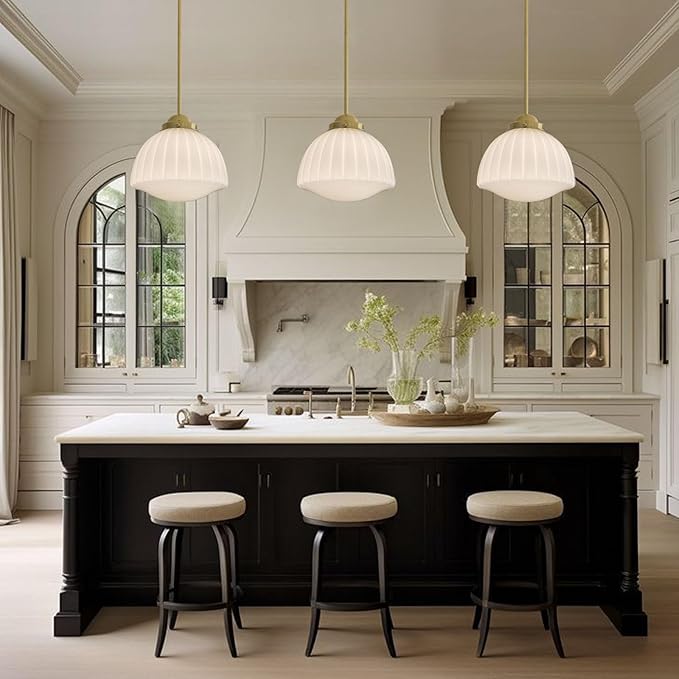 Milk Glass Pendant Light, 11" Brass Semi Flush Mount Pendant Light, Antique White Pleated Glass Chandelier, for Kitchen Island Lighting, Hallway, Bedroom, Dining Room, Foyer, E26 Bulb Included