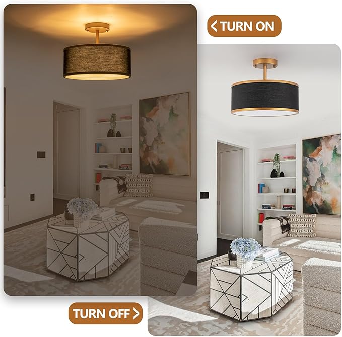Bargeni Semi Flush Mount Ceiling Light,12.5 inch Ceiling Light Fixture,Gold Flush Mount Light Fixture with Black Fabric Drum Shade,Light Fixtures Ceiling Mount for Bedroom,Living Room,Hallway