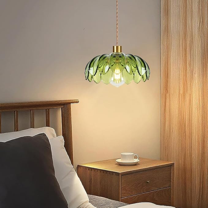 QIYIZM Plug in Pendant Light Hanging Lights with Plug in Cord Boho Hanging Lamp Glass Gold Mid Century Modern Vintage Dimmable Green Flower Plug in Chandelier Ceiling Fixture for Living Room,Kitchen