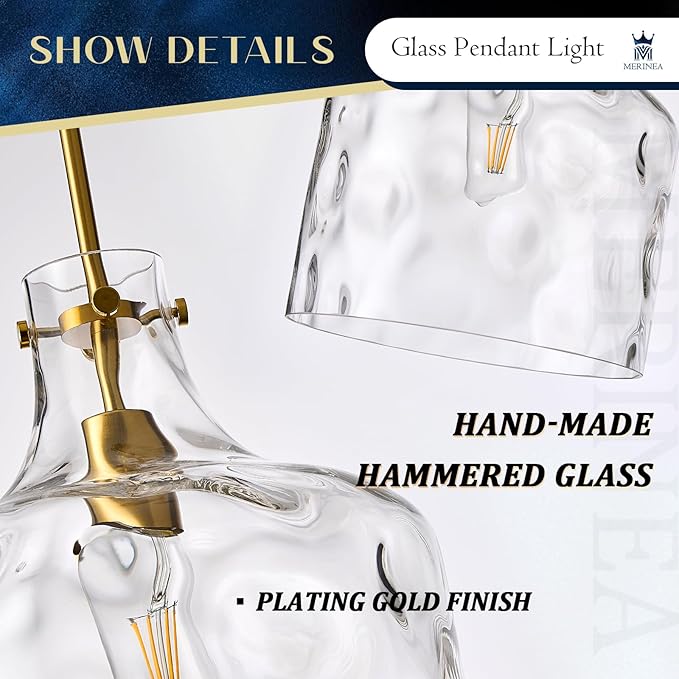 12" Farmhouse Pendant Light, Hand-Blown Clear Hammered Glass Hanging Light Fixture with Brass Gold Finish, Adjustable Chain Ceiling Light for Kitchen Island, Dining Room, Hallway, E26 Socket