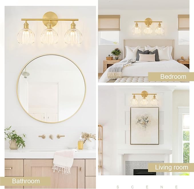 Gold Bathroom Light Fixtures Over Mirror, 3 Light Bathroom Vanity Light Fixture with Tulip Transparent Glass Lampshade, Vintage Vanity Lights for Bathroom, Bathroom Vanity Lights Over Mirror