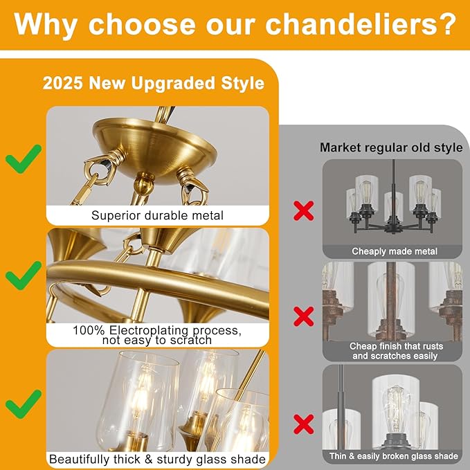 25" Gold Chandelier, 6-Light Farmhouse Chandeliers for Dining Room Light Fixtures Over Table, Modern Industrial Hanging Lighting with Clear Glass Shade for Living Room Bedroom Foyer Kitchen Island