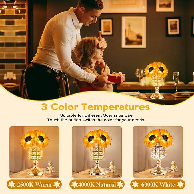 Sunflower Table Lamps for Women-Sunflower Flower Touch Lamp with 3-Color Infinitely Dimming,10+ Hours Runtime-Ideal Gift for Mom,Flower Decor for Bedroom and Office,USB Charge,IP44 Waterproof