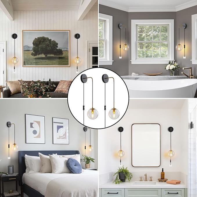 KUZZULL Wall Sconces Set of Two Black and Brass Plug in Wall Sconces Set of 2 with Globe Clear Glass Shade Wall Lights Wall Lamps for Bedrooms Sconces Wall Decor Set of 2 with Plug in Cord Switch