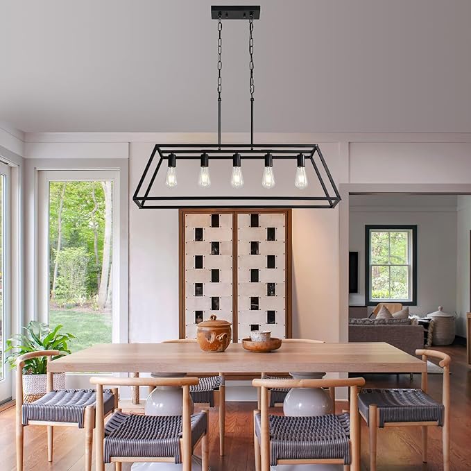 Black 5-Light Farmhouse Kitchen Island Lighting, Modern Industrial Linear Rectangle Chandelier Pendant Light Fixtures, Metal Vintage Cage Chandelier for Dining Room Kitchen Bar Foyer, E26 Base