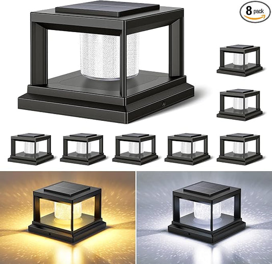FOLKSMATE Solar Post Cap Lights 8 Pack, 2 Lighting Modes Cool/Warm White Outdoor Solar Powered, Waterproof Fence Deck Lights for 4×4 3.5×3.5 Wood Vinyl Posts, for Garden Patio Porch Decor, Black