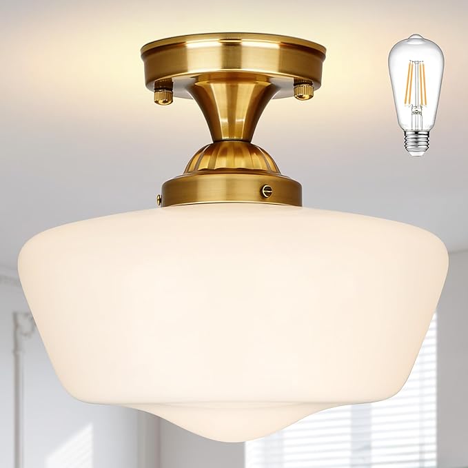 Bagood 12" Brass Schoolhouse Lights Fixture Milk Glass Light Fixtures Mid Century Light Fixtures School House Lights Fixture Ceiling Semi Flush Mount Ceiling for Bathroom Bedroom (Bulb Incl.)