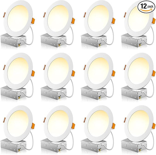 12 Pack 6 Inch 5CCT Ultra-Thin LED Recessed Ceiling Light with Junction Box, 2700K/3000K/3500K/4000K/5000K Selectable, 1050LM Brightness, Dimmable Canless Wafer Downlight, 12WEqv110W, ETL&FCC