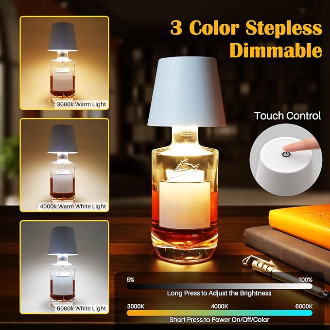 2PCS Wireless Bottle Lamp,Metal Wine Bottle Light with 3 Color Light Dimming, Waterproof Bottle Touch Lamp Head for Room, Bar, Restaurants, Party, Decor & Gifts (White)