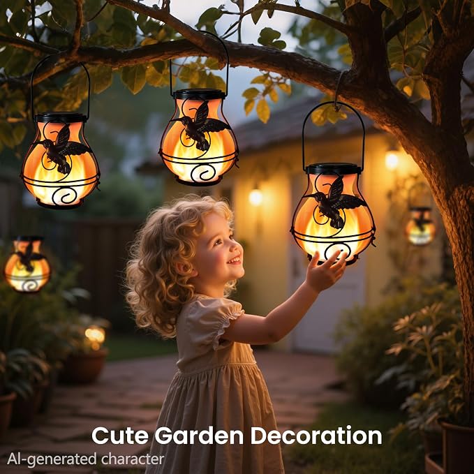 4 Pack Solar Lanterns Outdoor Waterproof Flickering Flame Lights Hummingbird Metal Hanging Solar Lantern Patio Porch Garden Decoration