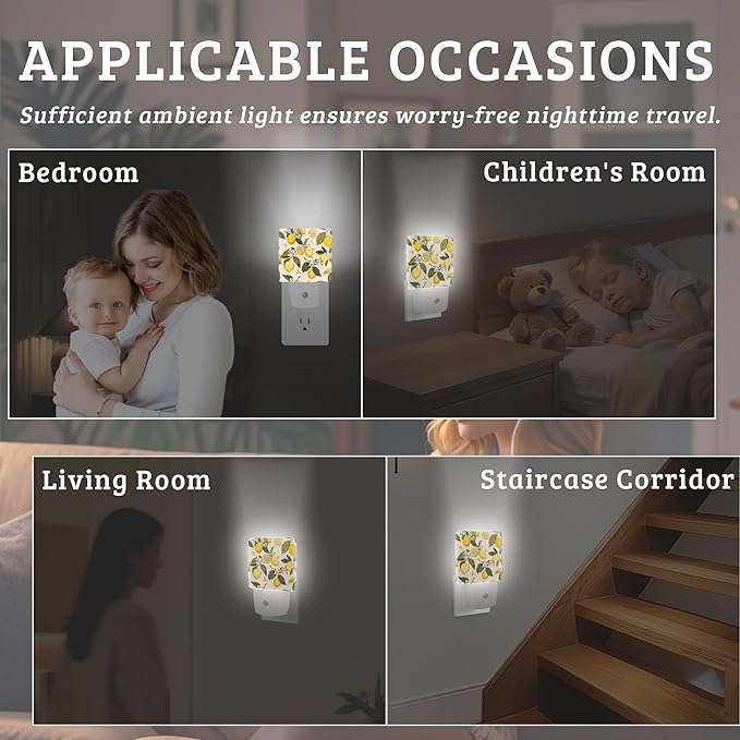 Lemon White Flowers Night Light Plug Into Wall with Dusk to Dawn Sensor Wall Lamp, LED Nightlights for Bedroom, Bathroom, Kitchen, Hallway, Room Decorative for Boys Girls Women Men Gifts