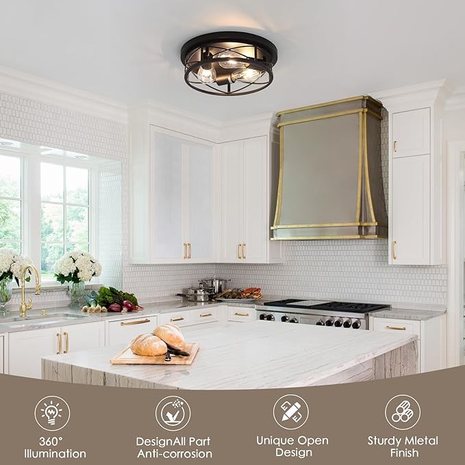 Black Farmhouse Ceiling Light Fixtures,3 Lights Flush Mount Ceiling Light,Bathroom Light Fixtures Ceiling Mount for Hallway Bedroom Kitchen 2 Pack