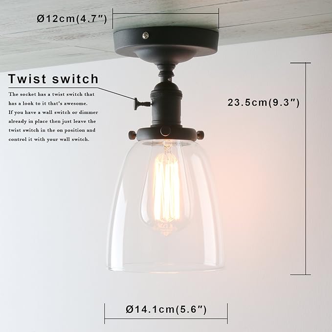 PERMO Industrial Semi Flush Mount Ceiling Light Vintage Ceiling Lights Black Hallway Fixtures with Glass Lampshade Kitchen entryway Light