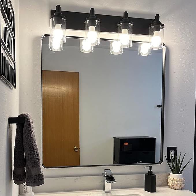 Modern Vanity Lighting, 4 Lights Bathroom Light Fixtures Over Mirror with Clear Class Shade Industrial Matte Black Wall Sconce for Powder Room Living Room, Bedroom Hallway Farmhouse