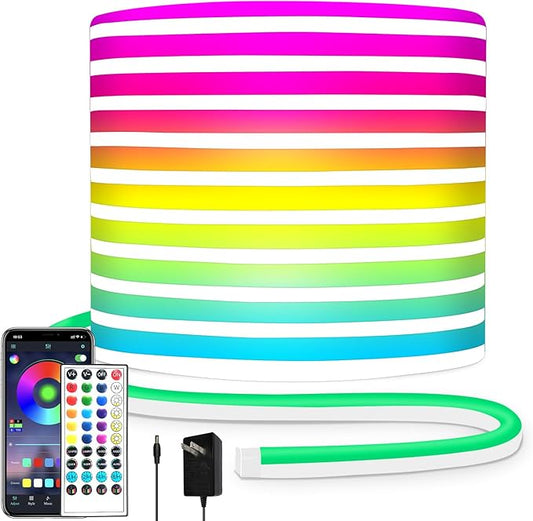 32.8ft LED Neon Lights with Remote and APP Control, IP65 Waterproof Flexible Neon Strip Lights 24V RGB LED Rope Lights for Bedroom,Living Room,DIY Decoration（with Snap &Screws）