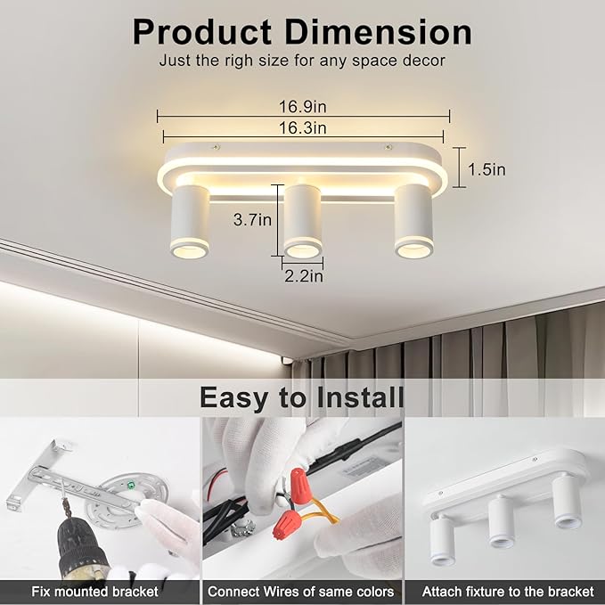 LED 3 Light Track Lighting Spotlight Kit, White Ceiling Spotlights, Modern Track Light Fixture with Flexibly Rotatable Light Heads, 35W+15W Dual Lighting for Kitchen Living Room,Includes 3 x GU10 Bulb