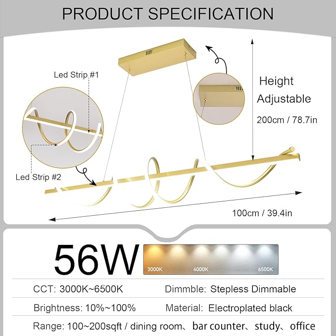 Gold Modern Chandelier for Dining Room,Creative Modern Led Pendant Light for Kitchen Island Lighting Dimmable 39.73" Twist Design Modern Led Chandelier 3000K-6500K Adjustable Color Temperature