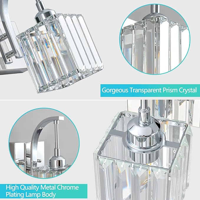 Crystal Vanity Lights 2-Light Chrome Wall Lamp Modern Crystal Bathroom Light Fixtures Over Mirror 13.77" Long Bathroom Wall Sconce