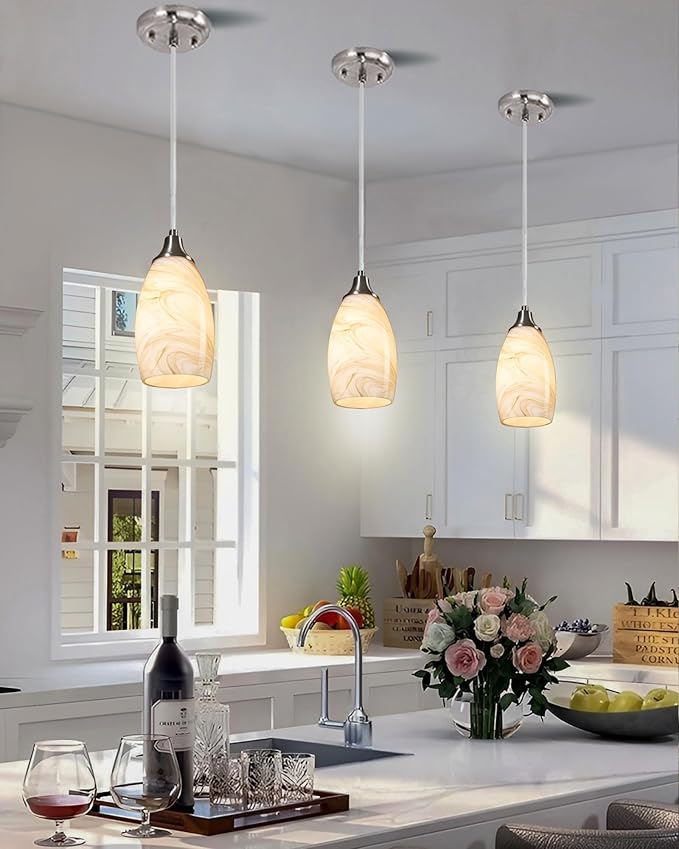 karyfine Mini Pendant Lights Kitchen Island Beige Marble Glass Lamp Shade Hand Blown Glass Pendant Light with Brush Nickel Finish Adjustable Cord for Kitchen Over Sink Hallway,Dining Room