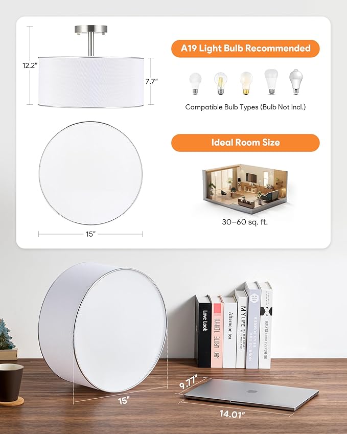 VONLUCE Semi-Flush Mount Ceiling Light, 15" Modern 3-Light Ceiling Light Fixture with White Drum Shade 3 E26 Sockets for Bedroom Entryway Living Room, Nickel Finish, ETL Certificated