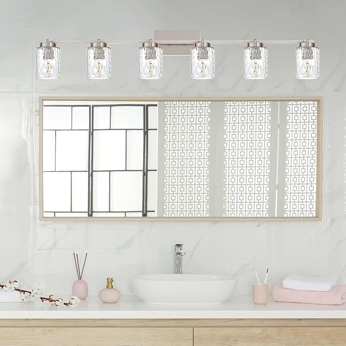 6 Light Track Lighting,Brushed Nickel Bathroom Vanity Light Modern Ceiling with Rotatable Track Head and E26 Base Vanity Lights Clear Hammered Shade Wall Mount Lighting Sconce