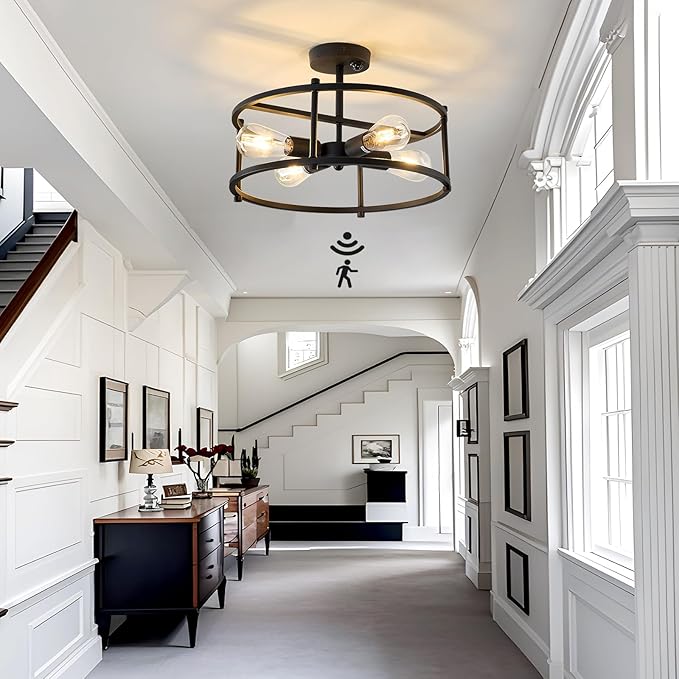 hesoge Motion Sensor Ceiling Light Indoor Industrial 4 Light Semi Flush Mout Ceiling Light Fixture Black Overhead Light for Entryway Hallway Closet Porch Front Farmhouse