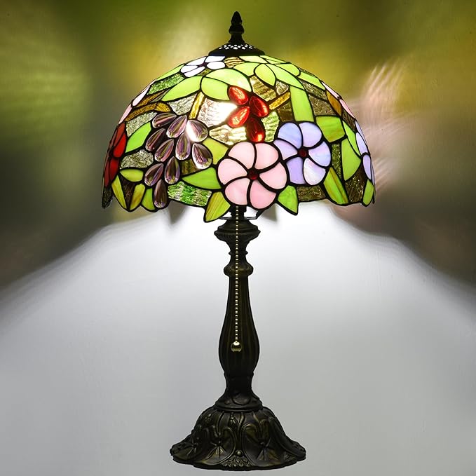 Tiffany Style Green Stained Glass Table Lamp, Purple Grape Colorful Blossom Desk Light with Antique Bronze Resin Base, Decorative Lighting for Bedroom, Living Room, Office 12X12X19 Inch
