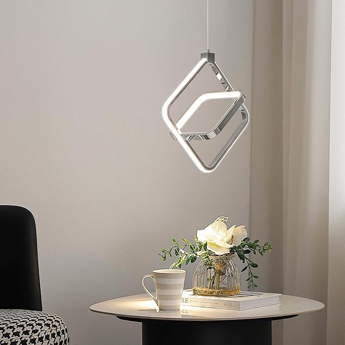 Modern LED Chandelier Chrome Rectangular Pendant Light Fixtures 4000K 20W Dimmable Height Adjustable Pendant Lighting for Dining Room Kitchen Island Bedroom Living Room Foyer（1-Pack）