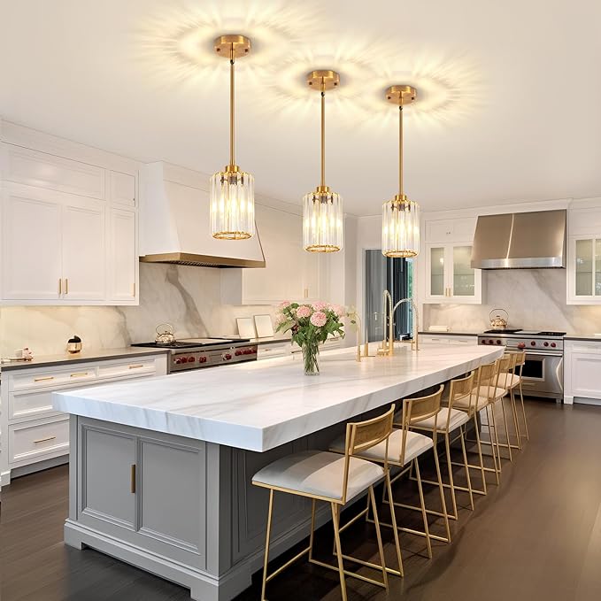 Brushed Gold Crystal Pendant Lights Kitchen Island, Modern Pendant Lighting Over Island Kitchen Hanging Light Fixtures Adjustable Mini Pendant Light for Dining Room Bathroom Entryway Hallway Foyer