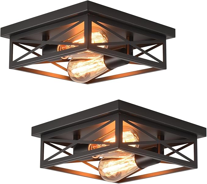 Black Flush Mount Ceiling Light,Hallway Light Ceiling Mount,Industrial Vintage Metal Cage Close to Ceiling Lights for Kitchen,Farmhouse,Bedroom