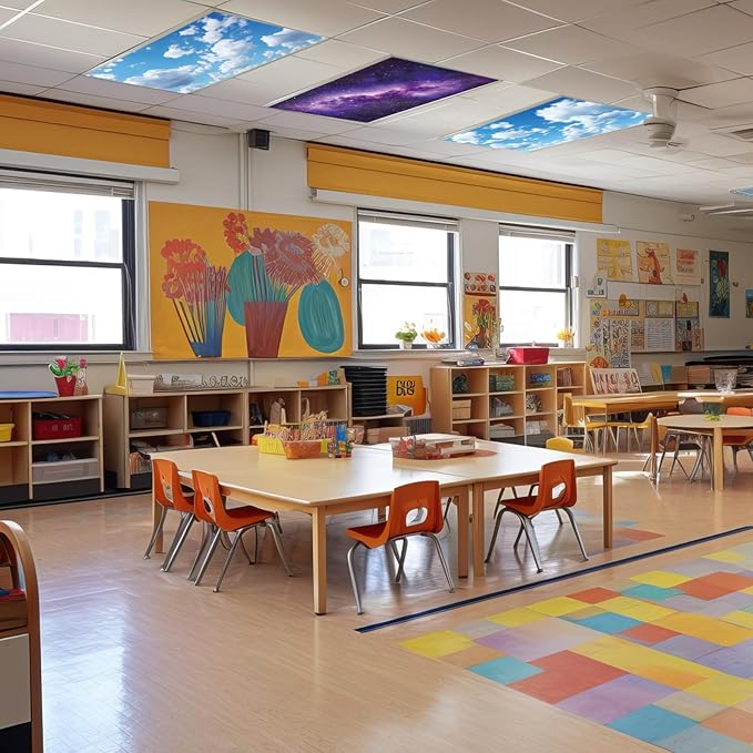 Wiooffen 8Pcs Fluorescent Light Covers for Classroom Ceiling Light 4x2Ft Magnetic Lights Covers Filter Easy Install for Office School Hospitals Ceiling Supply(Purple Starry Sky, White Cloud)