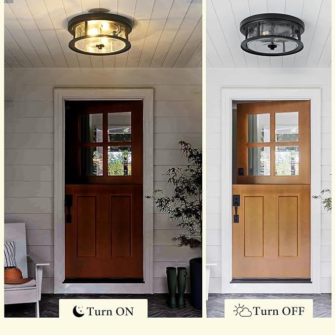 Black Ceiling Light Fixtures Flush Mount Light, 2 Bulb with Glass Flush Mount Ceiling Lights Fixture Bedroom, Indoor Outdoor Ceiling Lights for Porch Hallway Kitchen