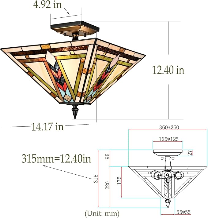 DANSEER Stained Glass Ceiling Light 3-Light Tiffany Style Semi Flush Mount Light Vintage Ceiling Light Fixture with Glass Copper Shade for Hallway Bedroom Living Room Entryway