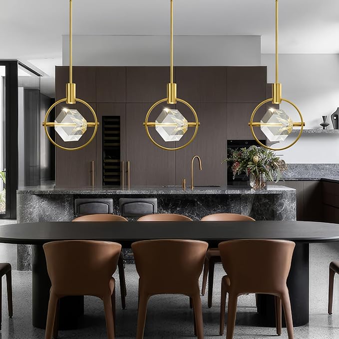 Modern Crystal Led Pendant Light: Gold Circular Pendant Lights Over Kitchen Island - Luxury Dimmable Crystals Hanging Lighting - Contemporary Pendants Light Fixtures for Bedroom Bathroom Living Room
