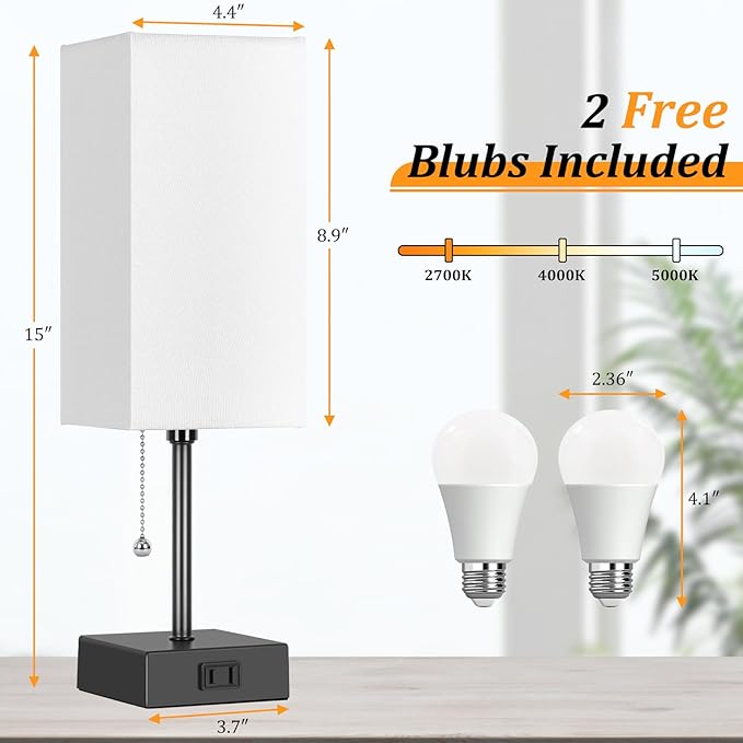 Dott Arts Table Lamp for Bedroom Set of 2,Minimalist Bedside Lamps with AC Outlets，Night Light 2700K 4000k 5000K Small Nightstand Lamps for Living Room Kids Room Office(Bulbs Included)