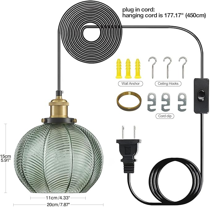Modern Plug in Hanging Light, 7.8 Inch Glass Pendant Light with 14.76 FT Adjustable Plug in Cord, Vintage Green Hanging Lamp for Dining Room Bedroom Kitchen Island Bathroom E26