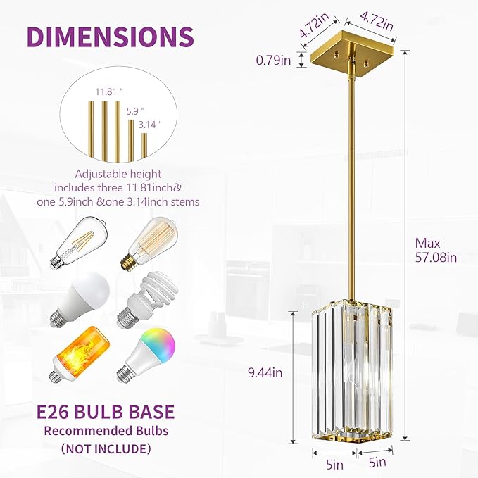 Modern Pendant Light Gold Rectangle Pendant Lighting Mini Crystal Chandeliers Adjustable Pendant Light Fixture for Kitchen Island Dinning Room Living Room Corridor Bedroom(Gold 2-Pack)