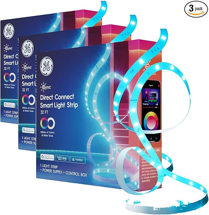 Cync GE Smart LED Strip Light, Color Changing Room Decor LED Light Strip, Compatible with Alexa and Google Home, Matter Compatible, LED Lights for Bedroom, Millions of Colors and White Tones, 32 Feet
