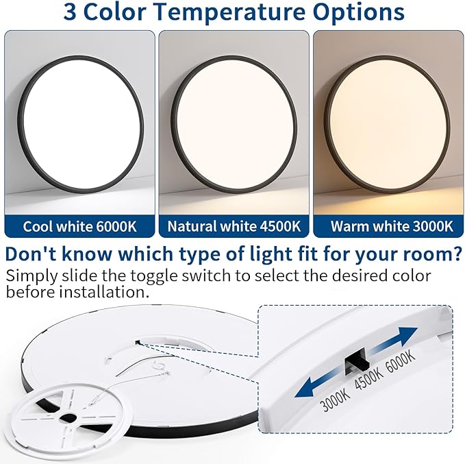 Modern 20'' Led Ceiling Light Fixture, Ultra Thin Flush Mount, Dimmable & 3000K/4500K/6000K Selectable, 40W 4000LM, Black, for Bedroom, Kitchen, Dining Room, Living Room, Home Office, Hallway