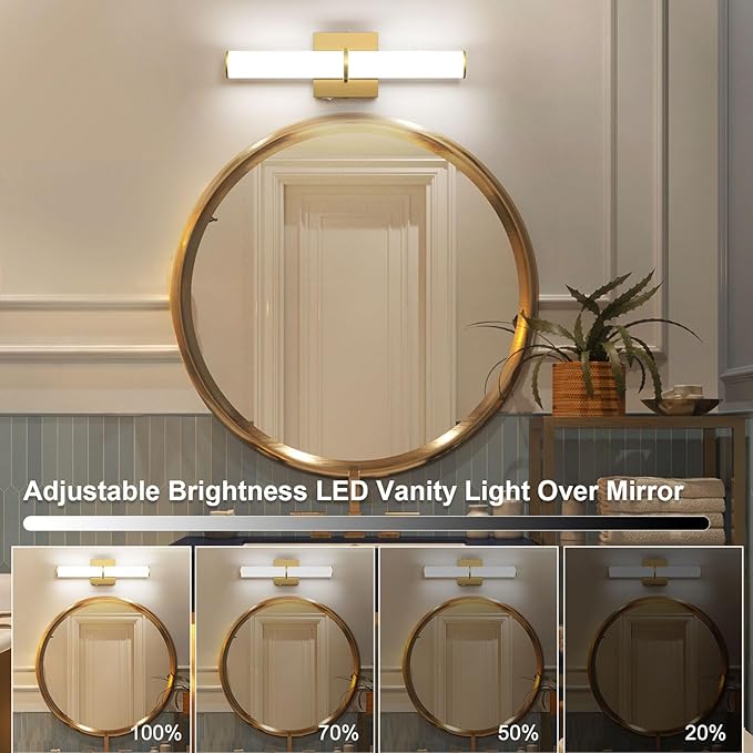 OOWOLF 17.3Inch Modern Vanity Light Fixture with Switch, 12W 5000K Led Bathroom Light Fixture Over Mirror, Hardwired, 1200LM Gold Vanity Light Bar for Mirror Bedroom Hallway Living Room