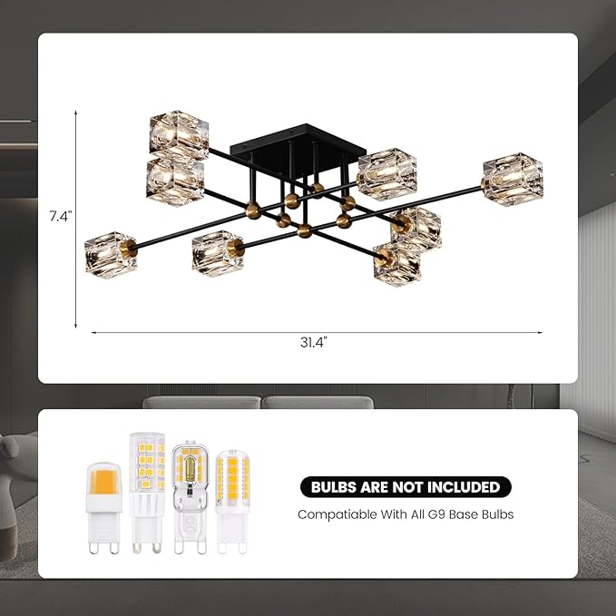 8-Light Crystal Ceiling Light Fixture Black and Gold Semi Flush Mount Ceiling Light Modern Chandeliers for Dining Room Kitchen Island Living Room Bedroom