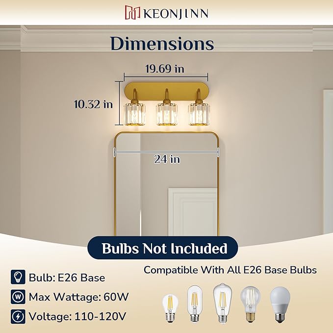 Keonjinn 3-Light Gold Bathroom Light Fixtures, Crystal Bathroom Vanity Lights Over Mirror, Gold Vanity Lighting Fixtures with Crystal Square Shades (E26 Base, Blub Not Included)