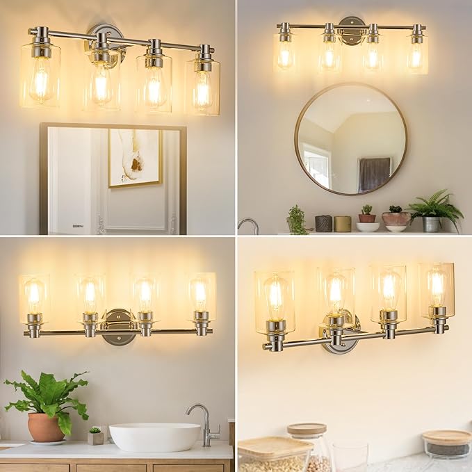 Bathroom Light Fixtures Wall Sconce Light with Clear Glass Chrome 4 Lights Bathroom Lighting Over Mirror Vanity Lights for Living Room,Bedroom,Restroom,Hallway E26 Base