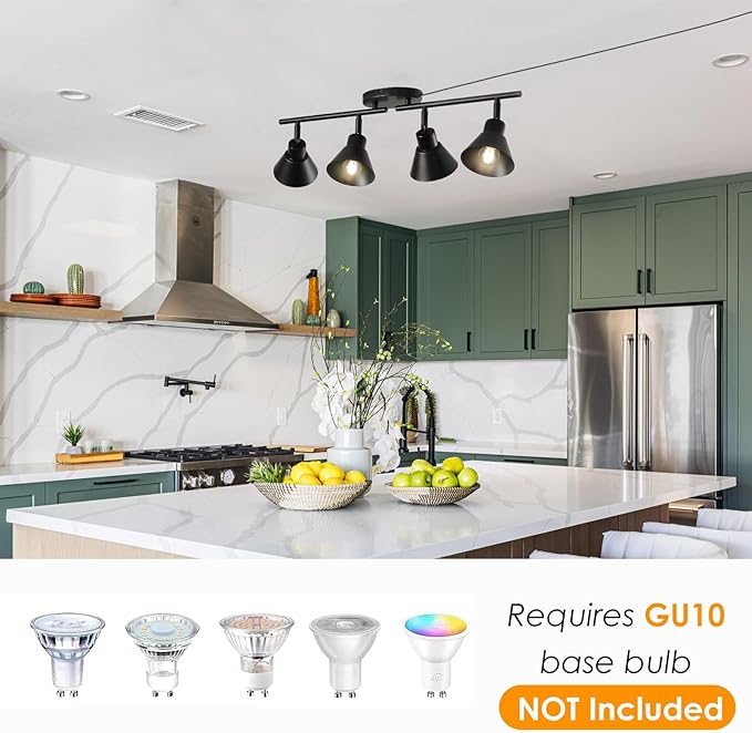 4 Light Plug in Track Lighting Kit,Modern Plug in Ceiling Light Fixture,16.4ft Cord,4 Way Ceiling Spot Lighting,Flexibly Rotatable Light Head (Black)