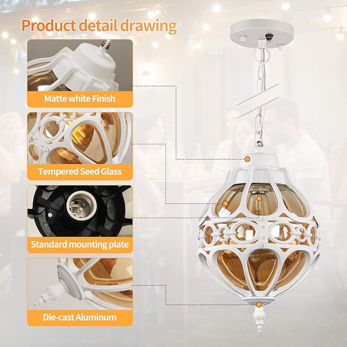 Dusk to Dawn Globe Outdoor Pendant Lights,Vintage Exterior Hanging Pendant Light Fixtures with Adjustable Chain, Aluminum White Outdoor Chandelier for Porch, Gazebo,with Sensor,General