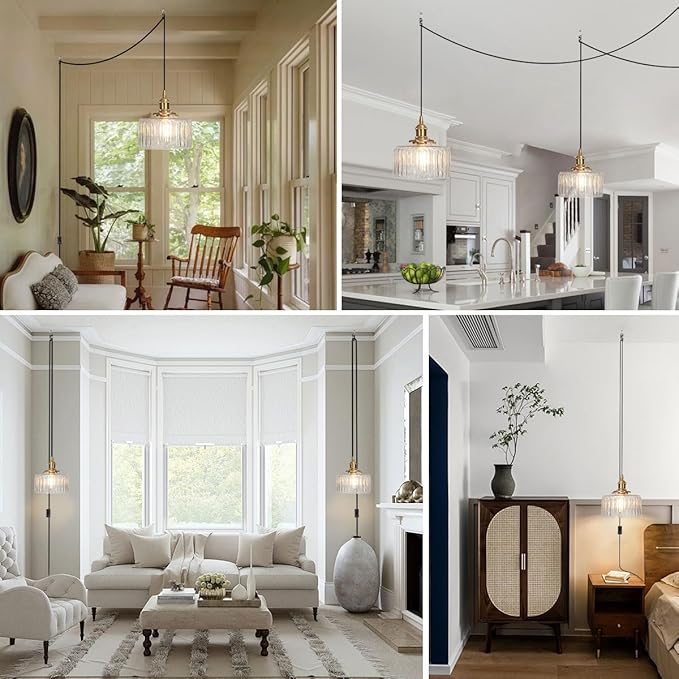 Plug in Pendant Light Clear Glass Striped Pendant Light Fixtures Vintage Glass Hanging Lighting 1-Light with Plug in Cord Mid Century Modern Hanging Lights for Kitchen Island Living Room