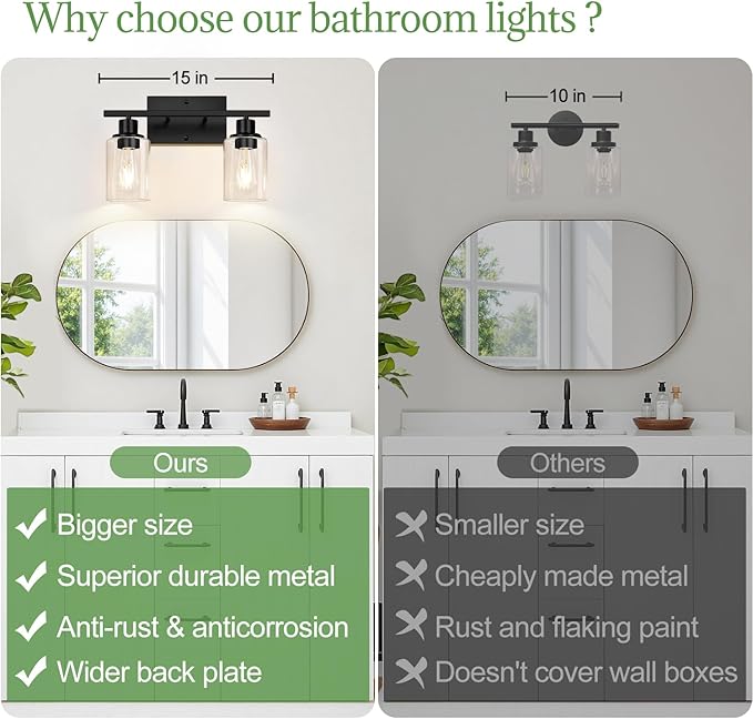 Indoi Matte Black 2-Light Bathroom Vanity Light with Clear Glass Shades — Modern Bathroom Light Fixtures & Vanity Lights for Mirror