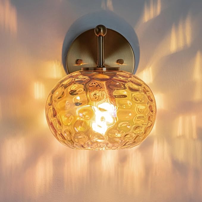 Gold Wall Sconce Light Amber Hammered Glass Vanity Lighting Brushed Brass Champagne Wall Lamp for Bathroom Over Mirror